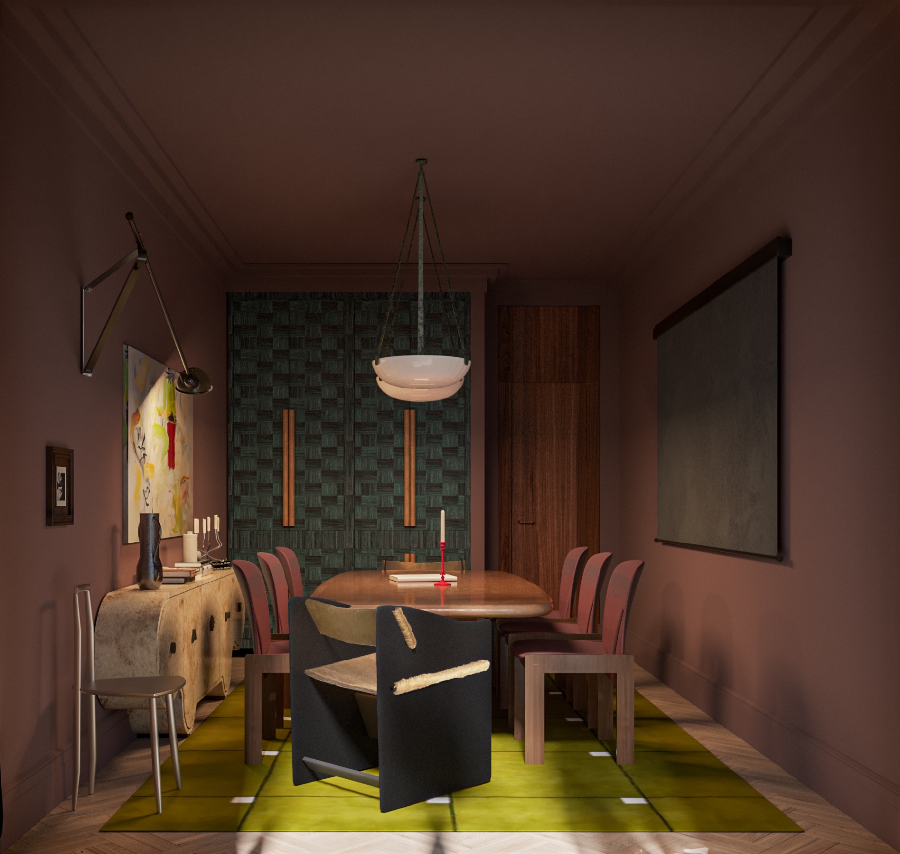 Meeting room view toward woven double doors with timber pulls and a soft pendant light above the table