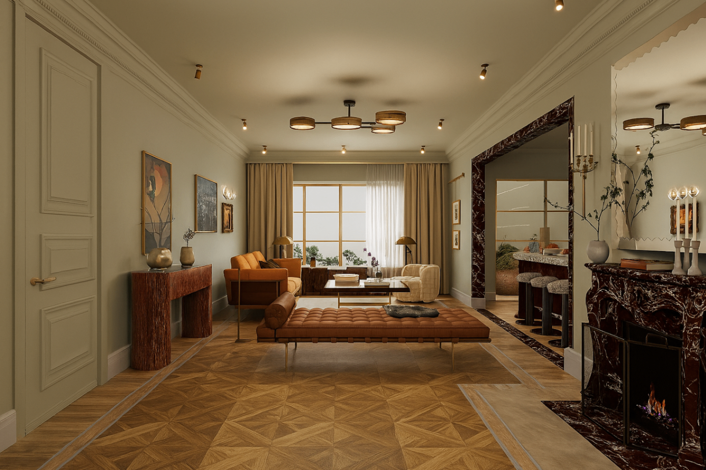 Orangeraie Souissi office salon with parquet floor, fireplace, walnut seating, and a rosso marble portal to the kitchen