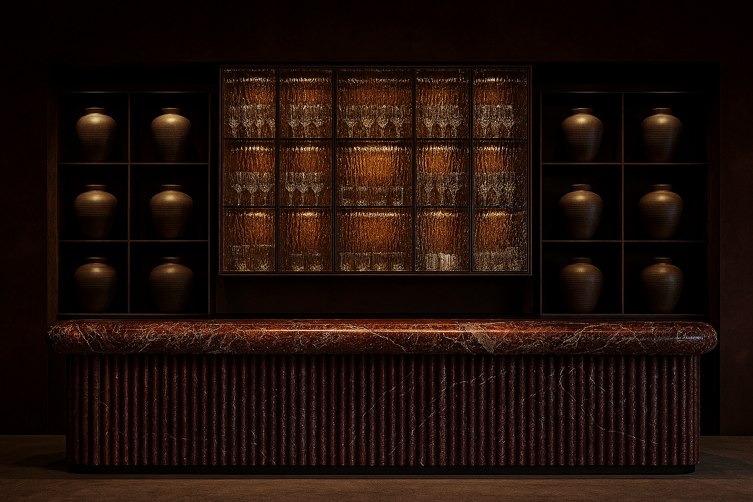 Detail of a ROWA Studio interior — sculptural bar cabinet in warm timber