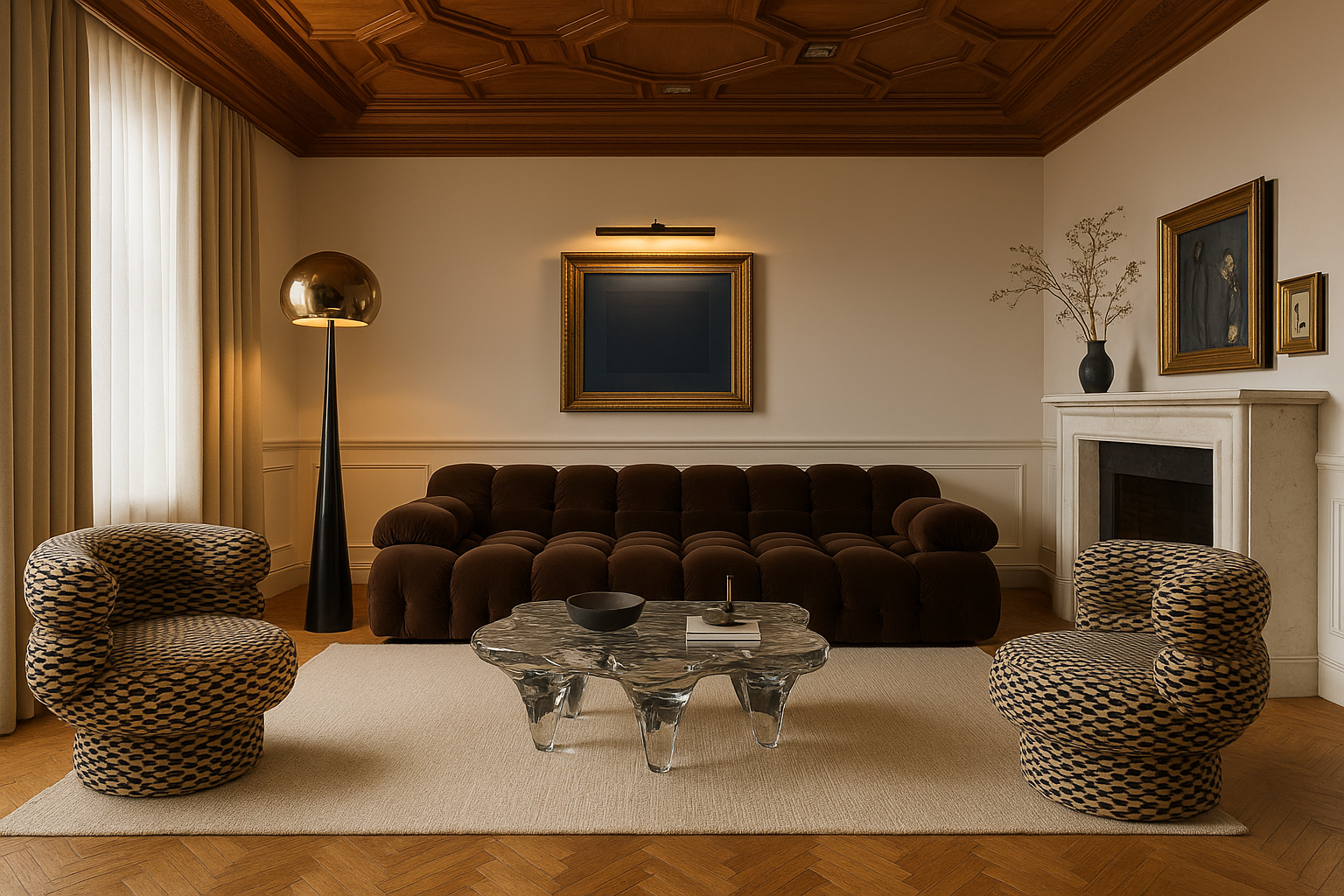 Restored villa lounge with carved wooden coffered ceiling, brown tufted velvet sofa, patterned bouclé armchairs, sculptural glass coffee table, and marble fireplace