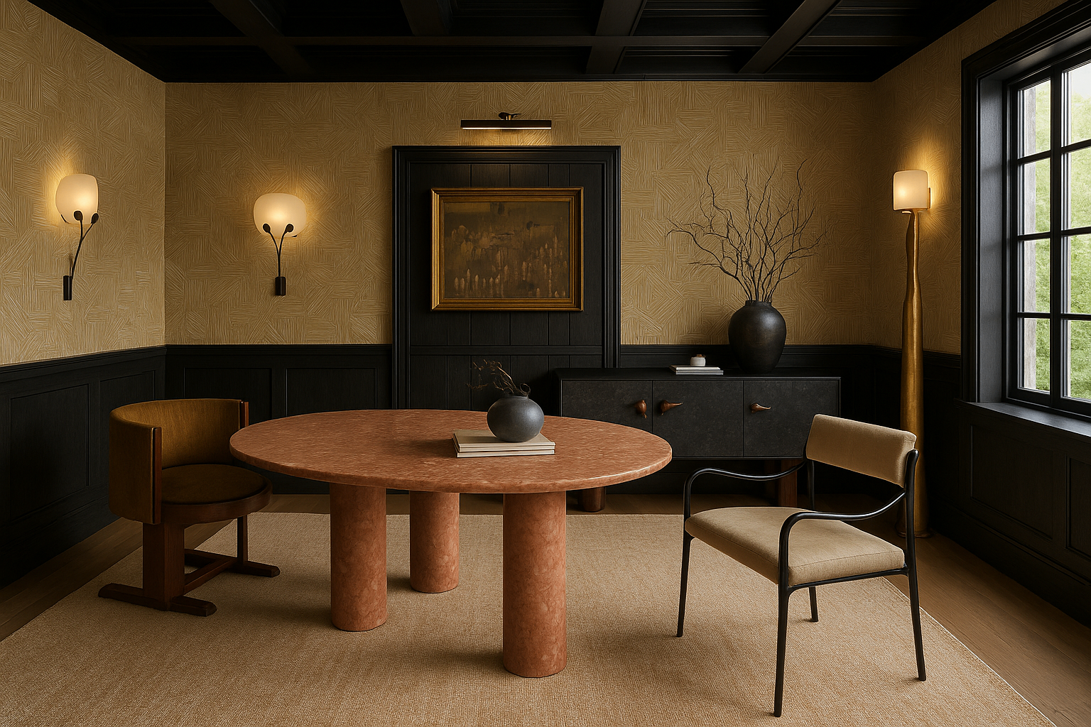 Intimate study with black panelled wainscot, ochre walls, rosso marble round table, sculptural chairs, and brass floor lamp