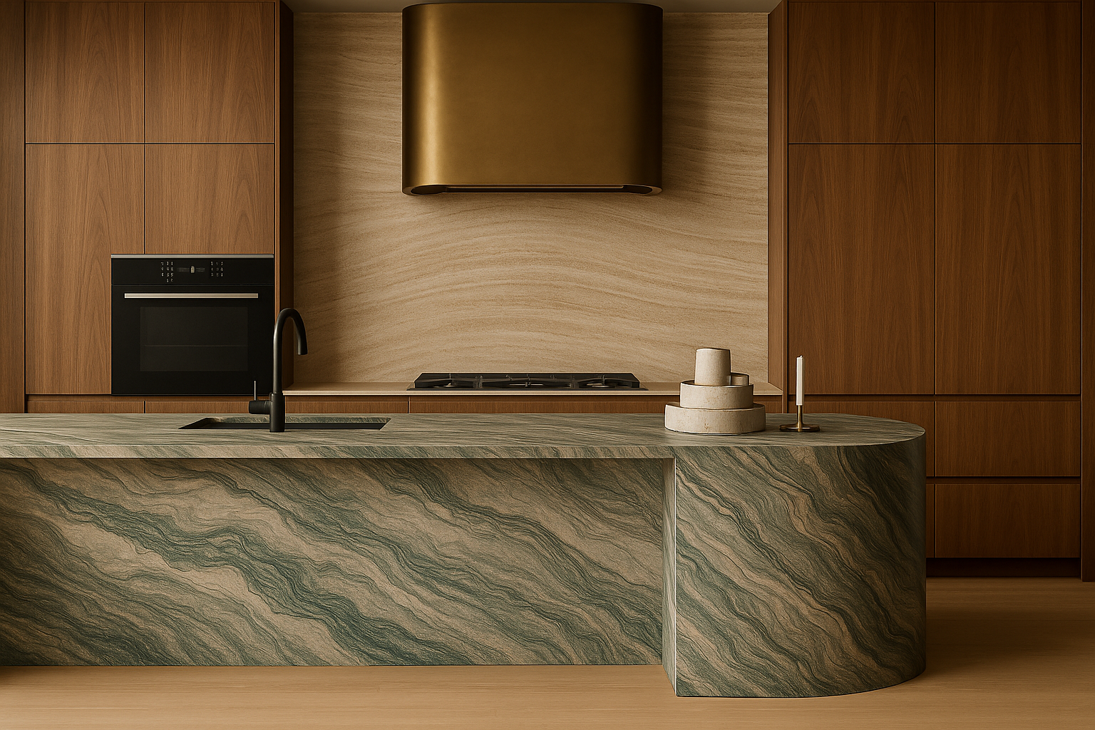 Walnut kitchen with brass extractor hood and sculptural green-veined marble island