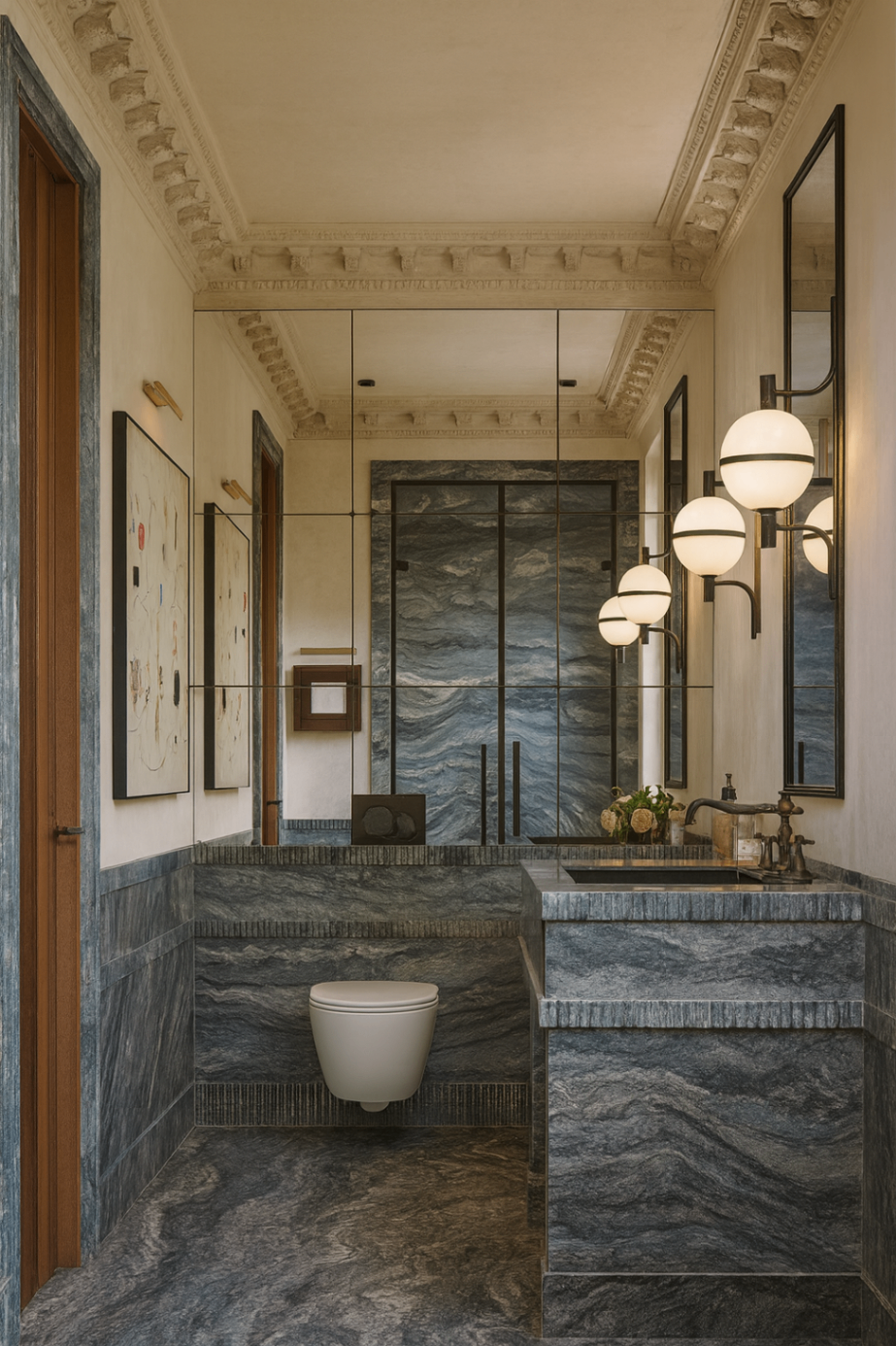 Powder room lined in blue-grey stone with mirrored walls, globe sconces, and an integrated vanity