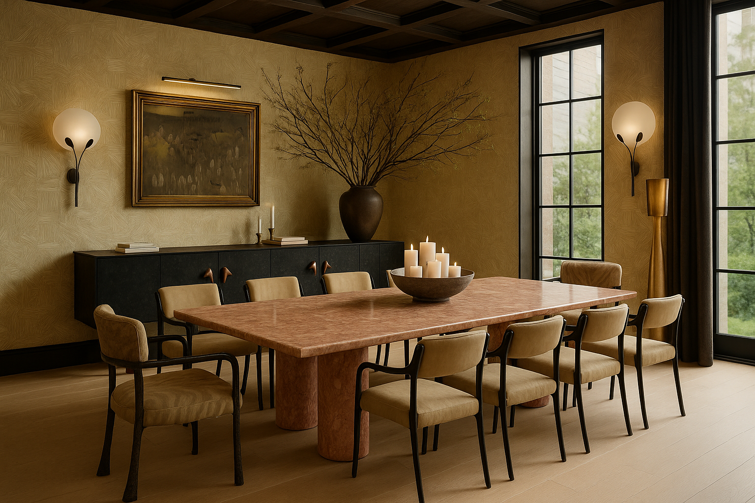 Villa dining room with timber coffered ceiling, ochre textured walls, rosso marble table, sculpted bronze chairs, and alabaster sconces