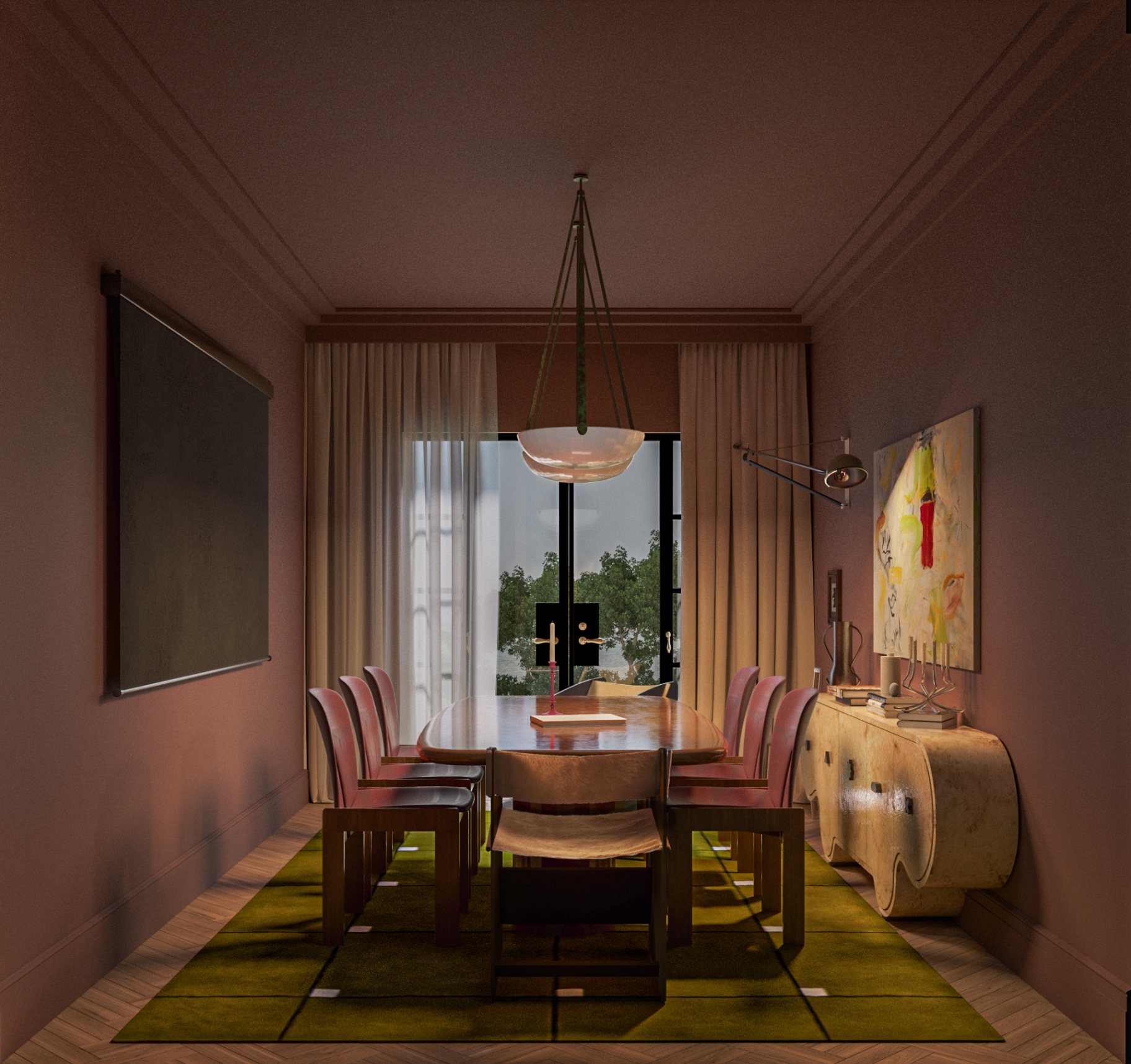 Meeting room with mauve walls, long timber table, chartreuse rug, and sculptural sideboard