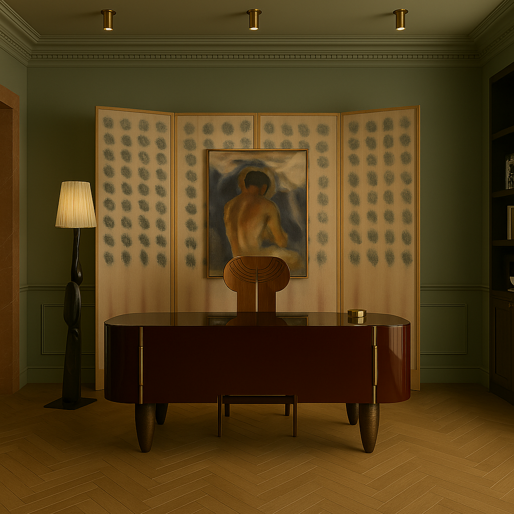 Study corner with olive walls, lacquered desk, folding screen, and painted nude artwork
