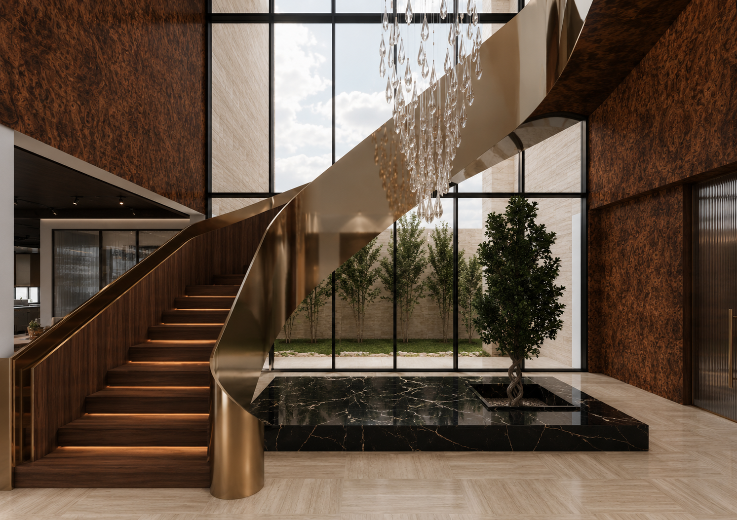 Double-height stair hall with polished brass stair, walnut wall panels, black stone floor, and hanging glass chandelier