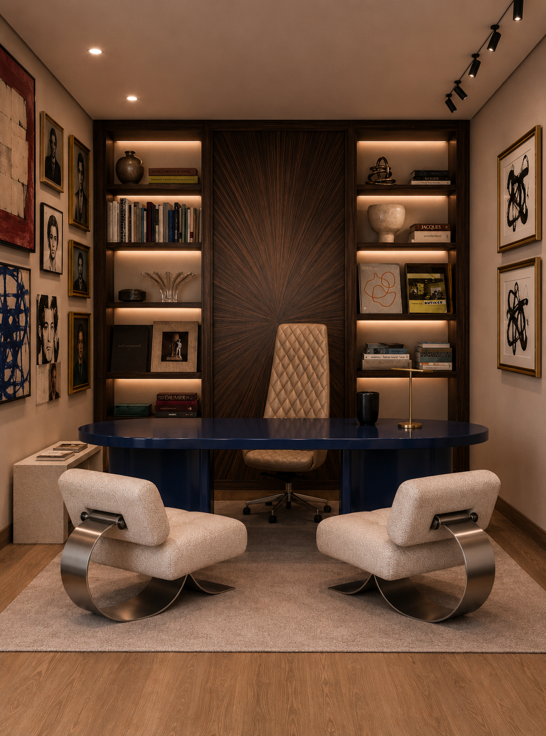 Private office with blue lacquer desk, quilted leather chair, illuminated walnut shelves, and sculptural lounge chairs