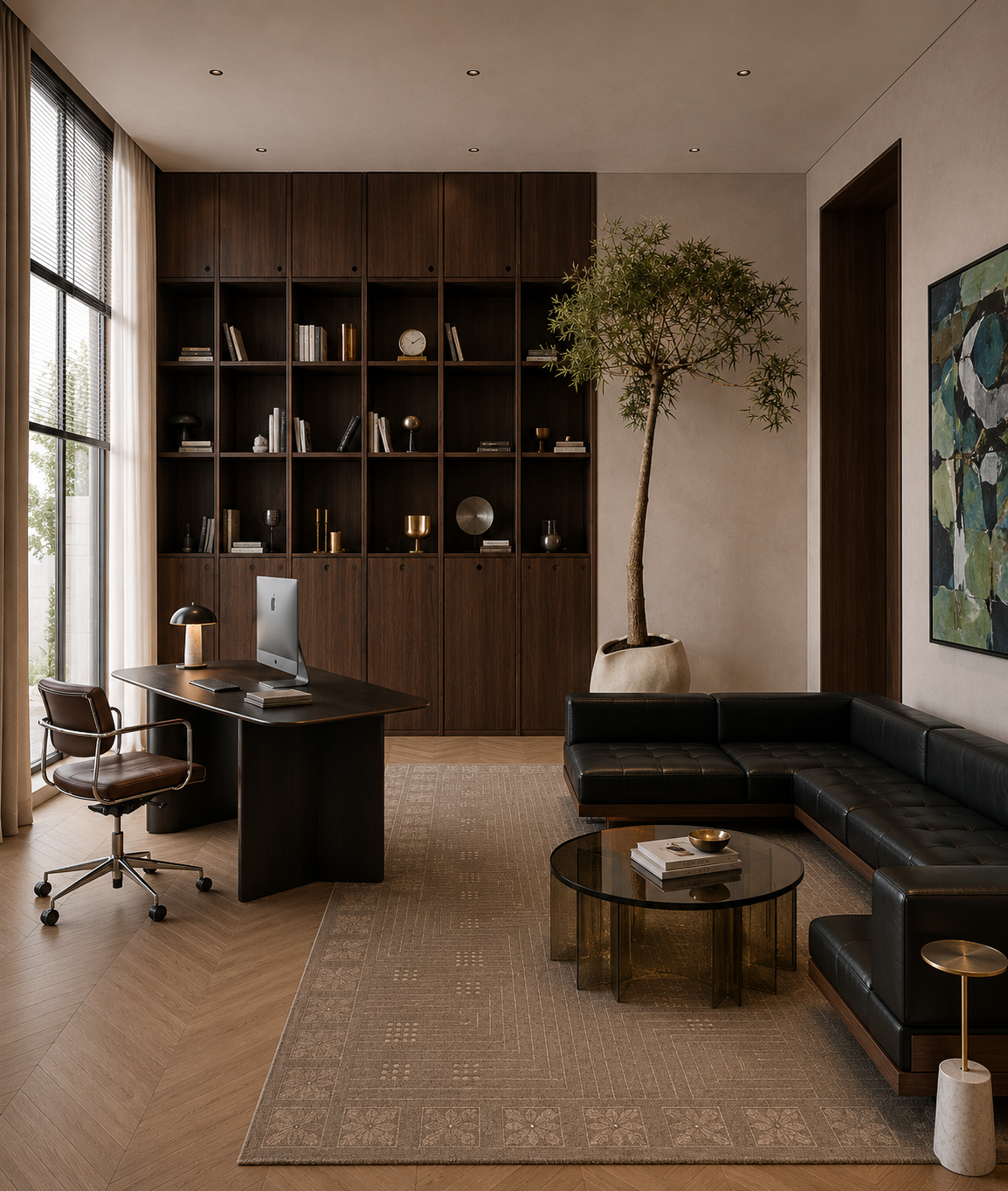 Office lounge with black leather sectional, walnut shelving wall, freestanding desk, and indoor olive tree