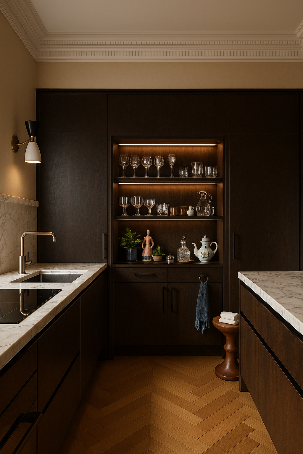 Dark oak kitchen with marble counters, brass tapware, lit glassware niche, and herringbone parquet floor