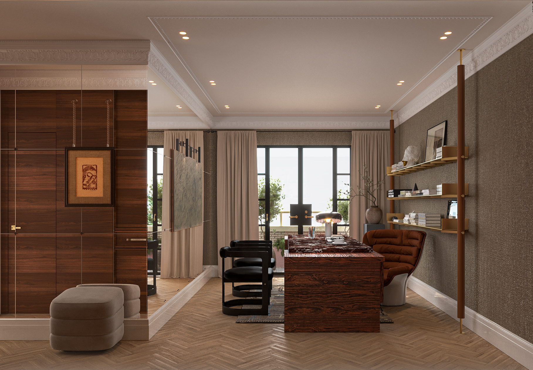 Private office with walnut desk, textured wallcovering, suspended shelves, and tall French doors