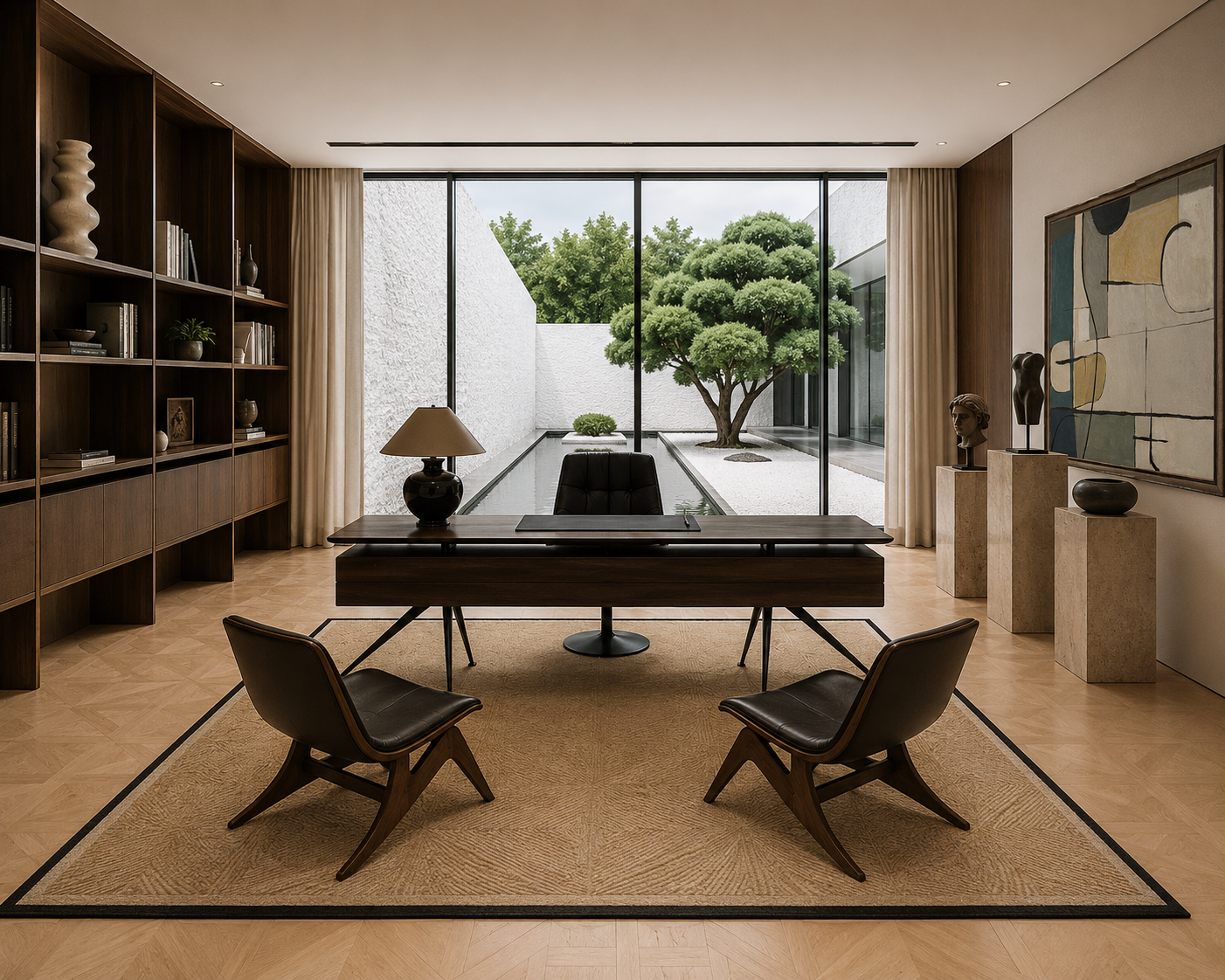 Office study with walnut library wall, dark desk, lounge chairs, and a courtyard framed by full-height glazing