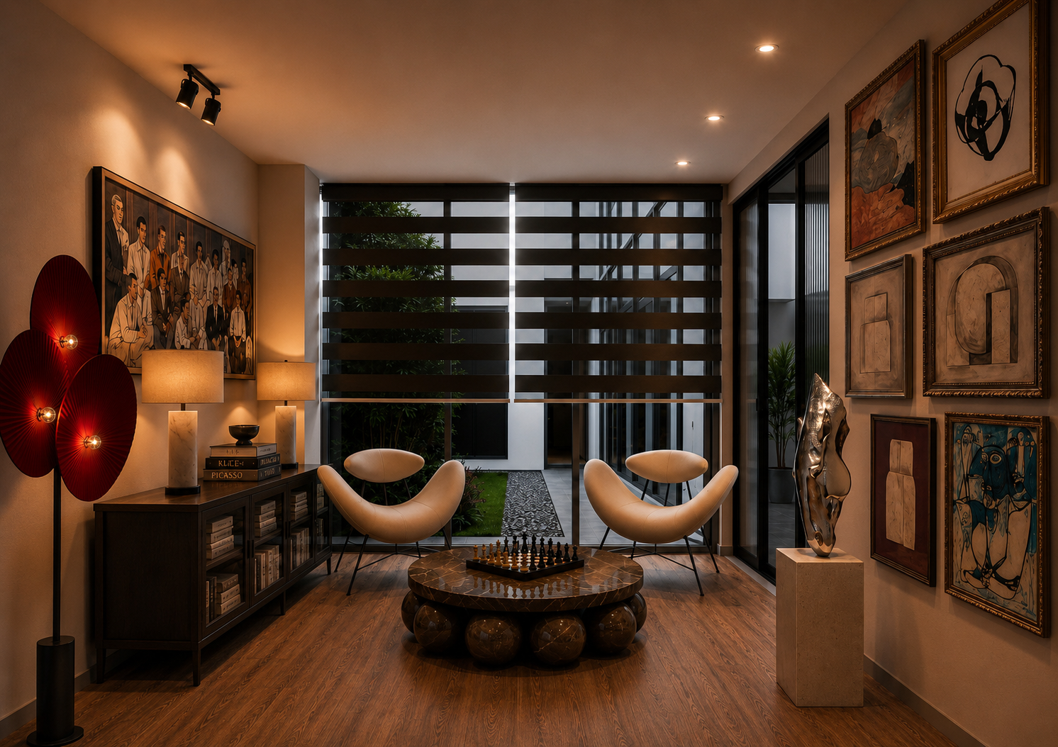 Gallery-like salon with art wall, sculptural marble table, ivory lounge chairs, and warm ambient lighting