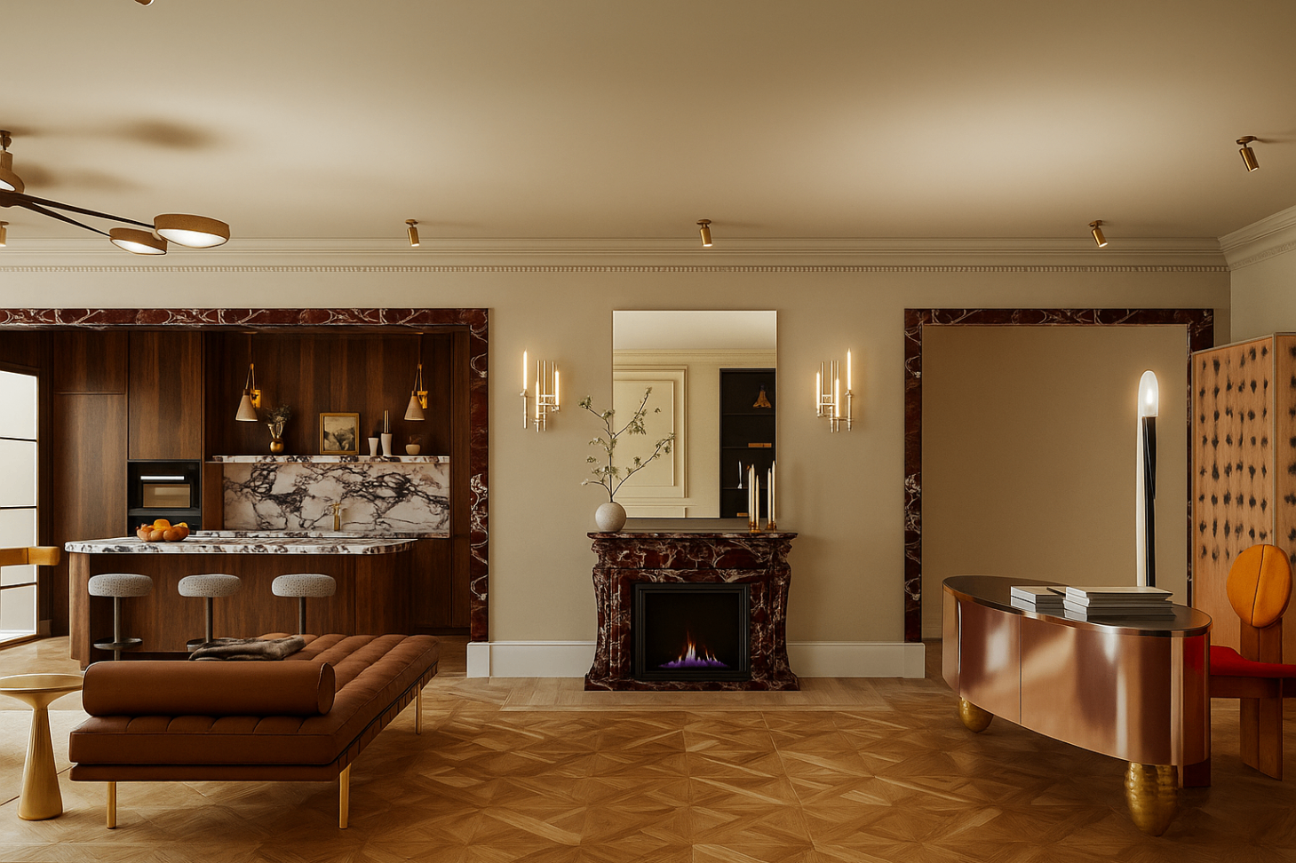 Reception room with sculptural bronze desk, fireplace, and marble-framed opening to the kitchen