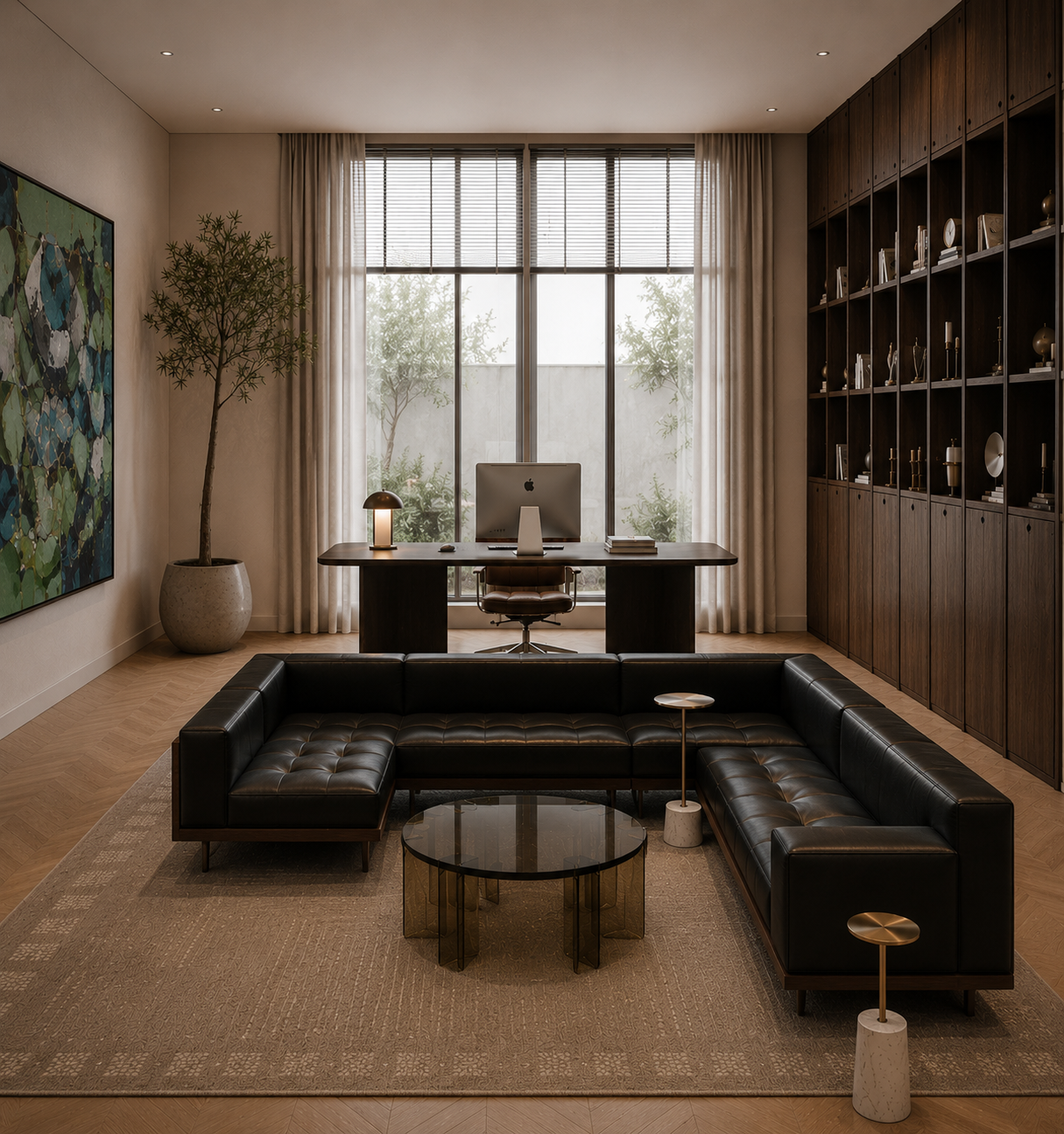 Reception workspace framed by full-height window, black sectional seating, walnut bookcase, and soft neutral drapery