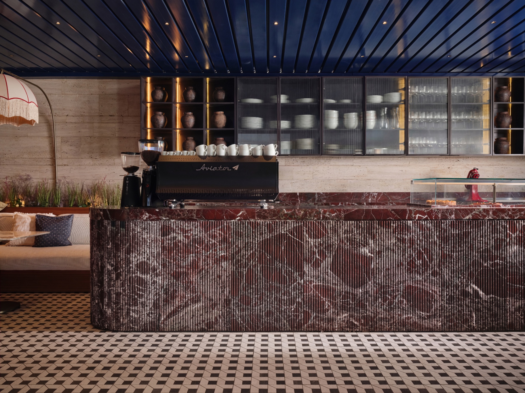 Beyti rosso marble coffee bar with Aviator espresso machine and brass fittings