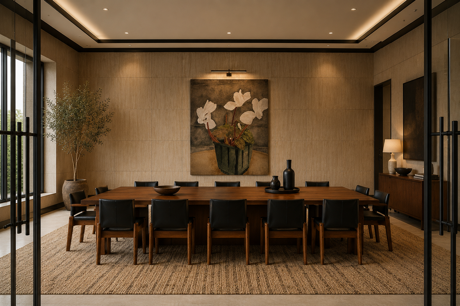 Boardroom with long walnut table, black leather chairs, jute rug, and a large botanical artwork on stone-clad walls
