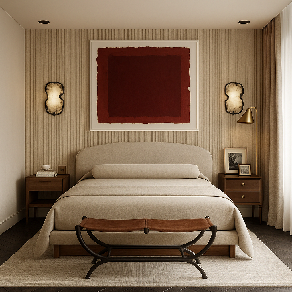 Bedroom with ribbed linen wall, deep red Rothko-style canvas, alabaster sconces, and curved bouclé headboard