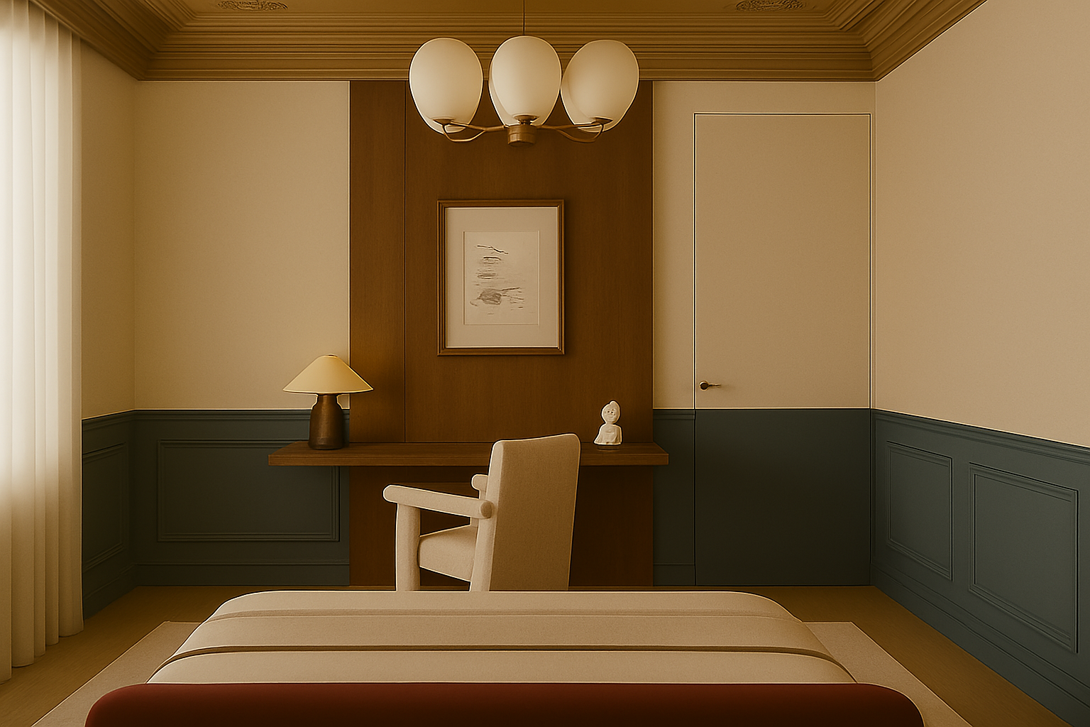 Bedroom study niche with timber panel, framed artwork, table lamp, and tulip chandelier above slate wainscot