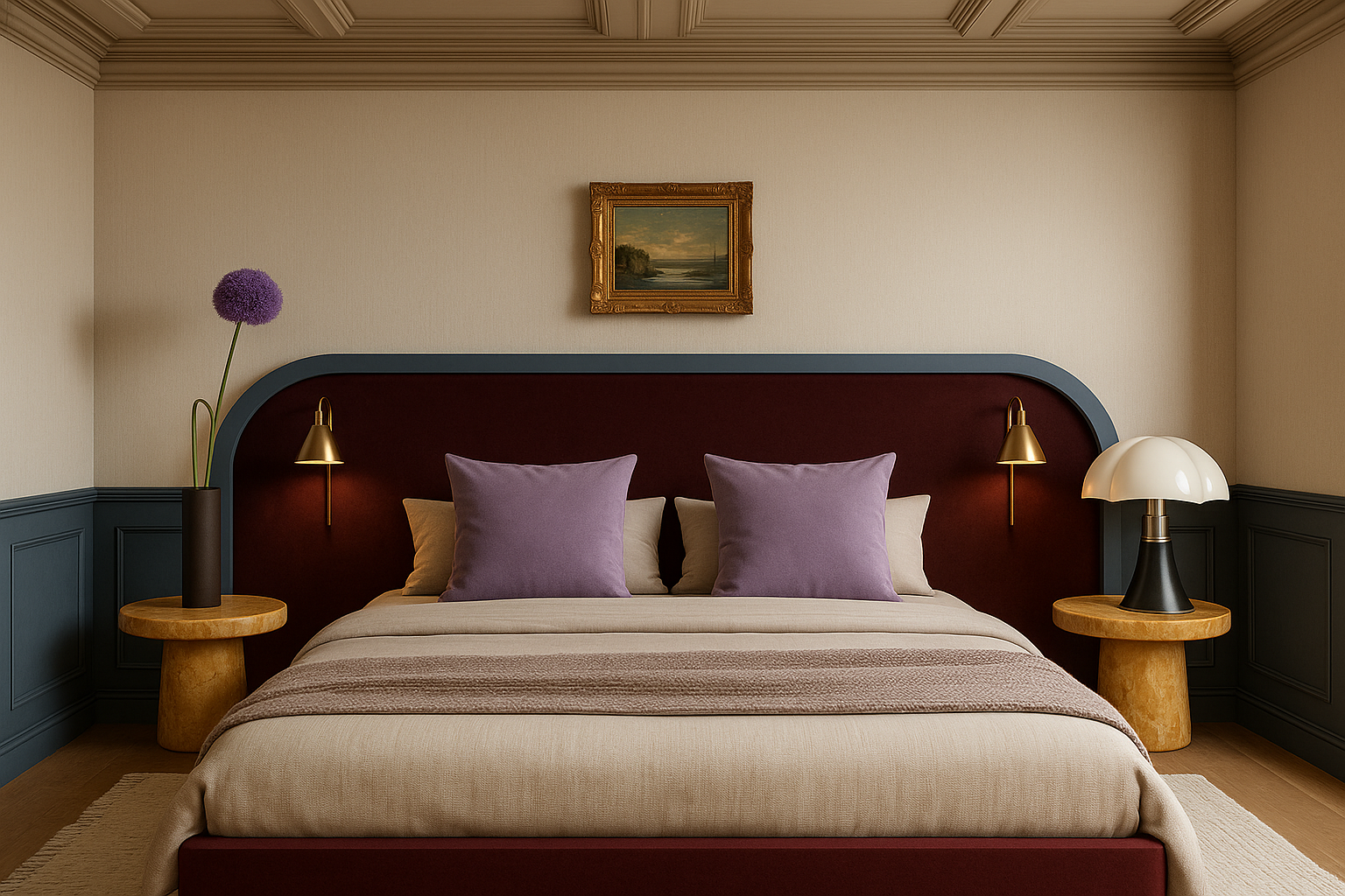 Bedroom with curved burgundy upholstered headboard, lilac pillows, brass sconces, and slate panelled wainscot