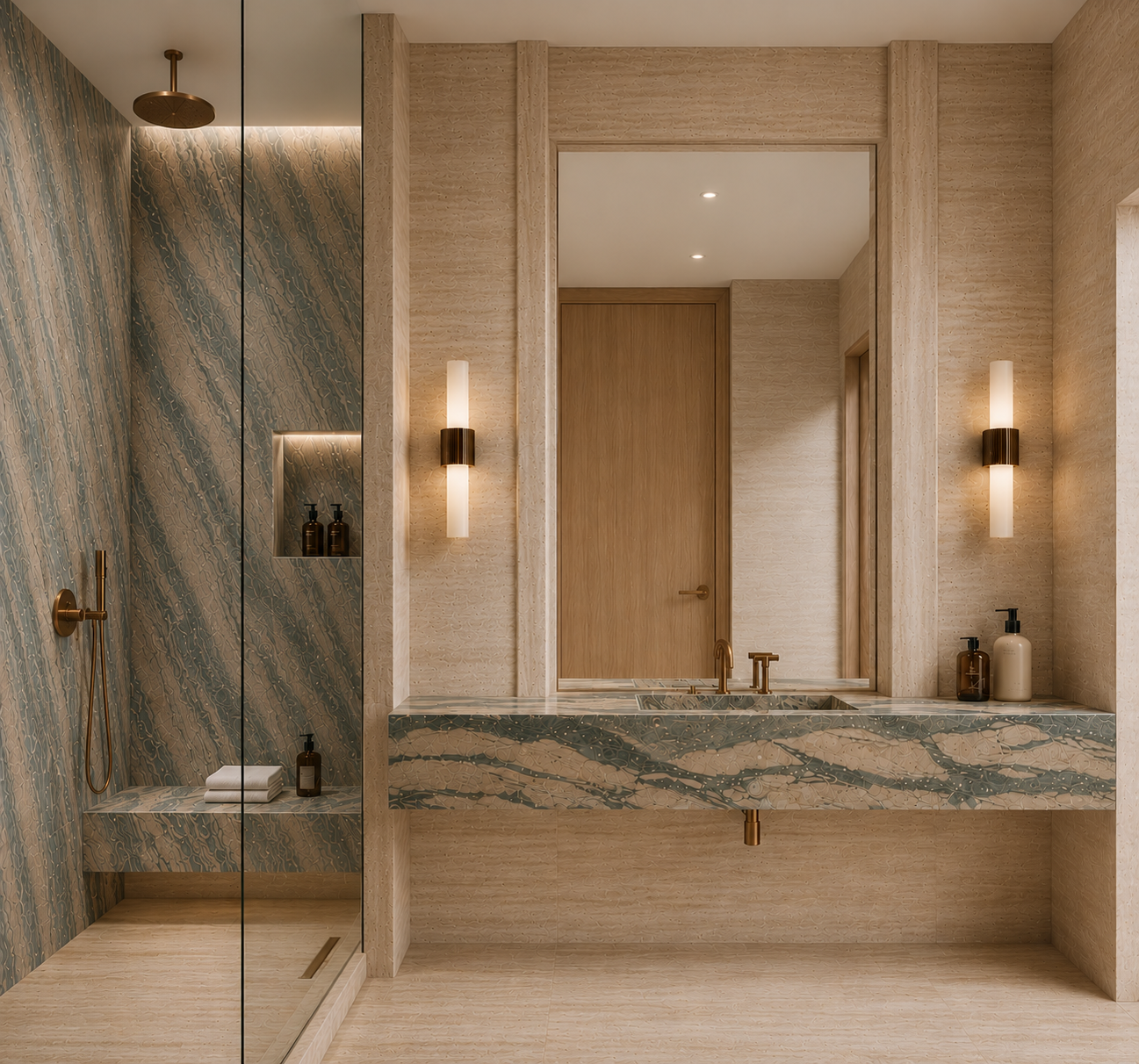 Luxury bathroom with veined stone walls, travertine vanity with integrated sinks, brass fixtures, and glass shower
