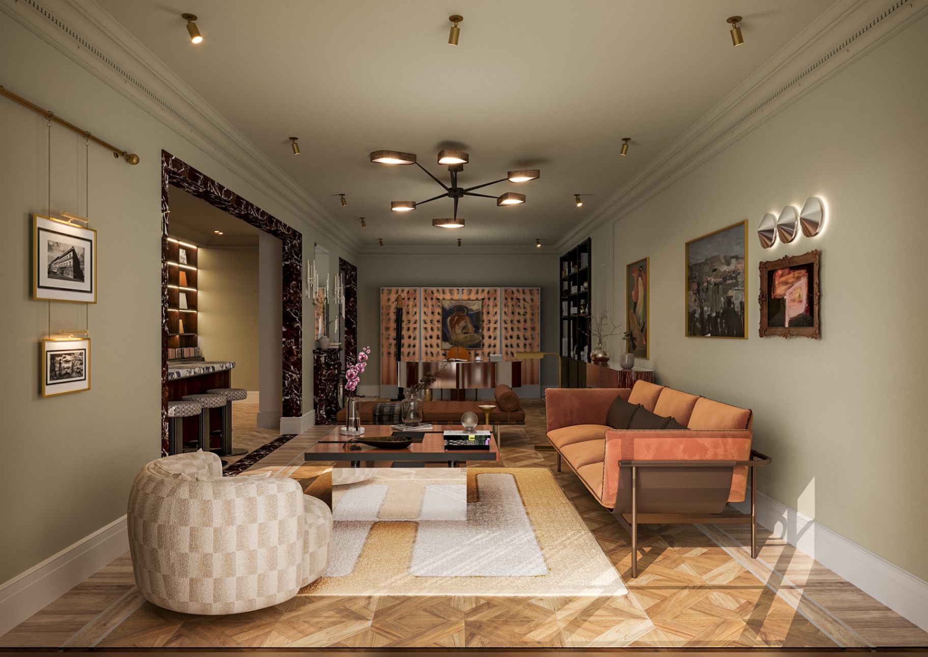 Long lounge with blush velvet seating, marble portal, and layered artwork